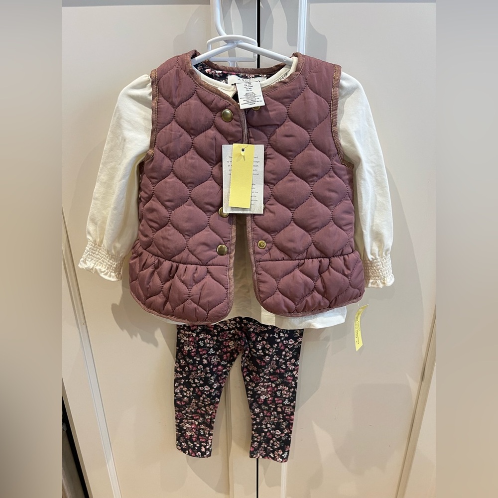 Aspen kids 3 piece 12m Quilted Vest and Floral Leggings Set for Kids